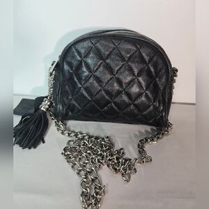 Danier Black Quilted Genuine Leather Crossbody Bag with Chain Strap